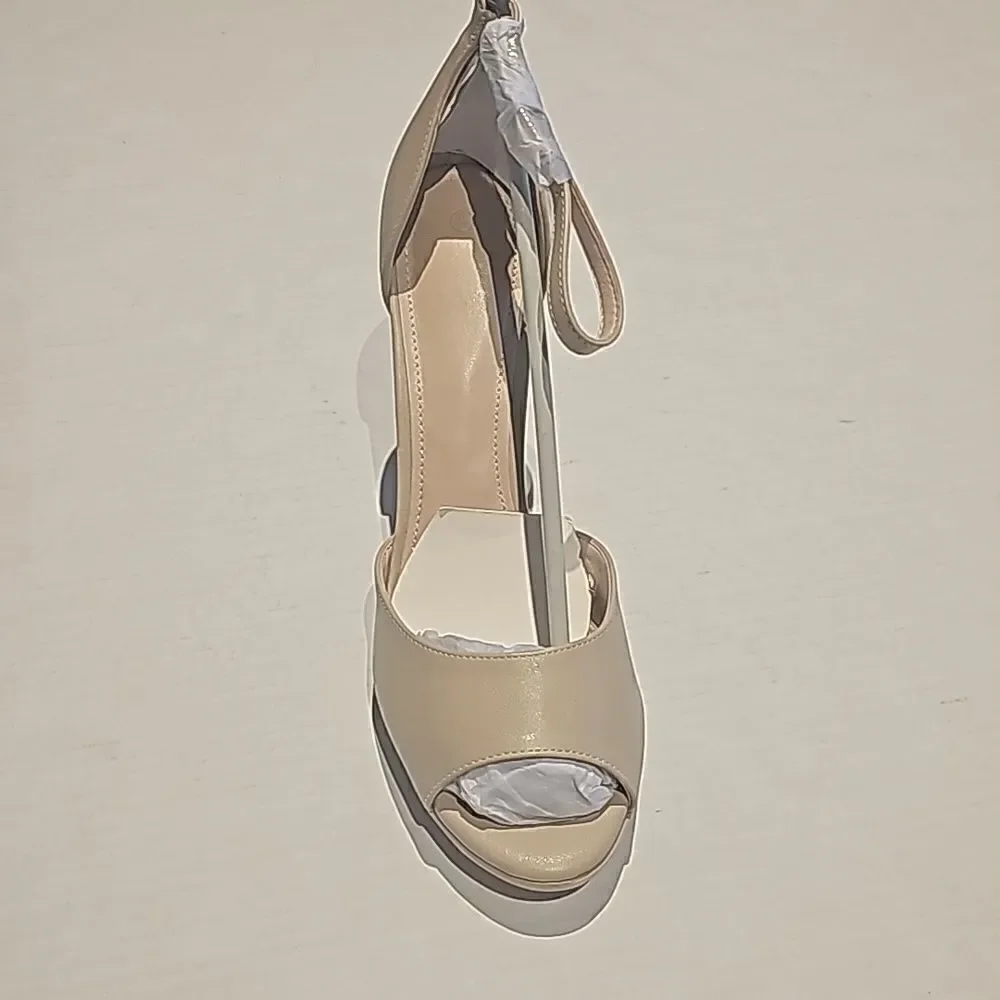Womens Open Toe Stiletto Heeles  Ankle Strap Peep Toe size 8.5 light khaki color
